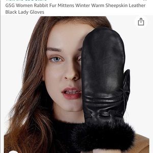 GSG Women’s Rabbit Fur Mittens Winter Warm Leather Black Gloves